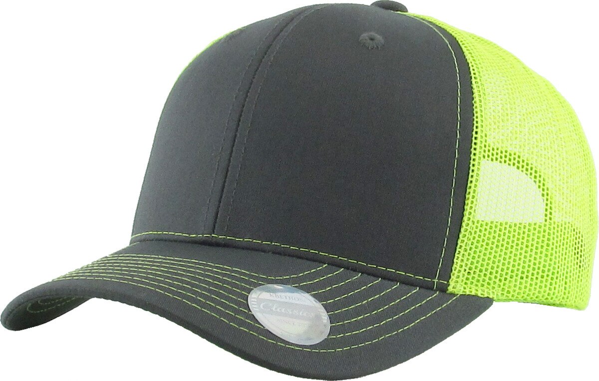 Dark Gray Neon Lime Two Tone Classic 6 Panel Trucker Mesh Snapback Front Side View